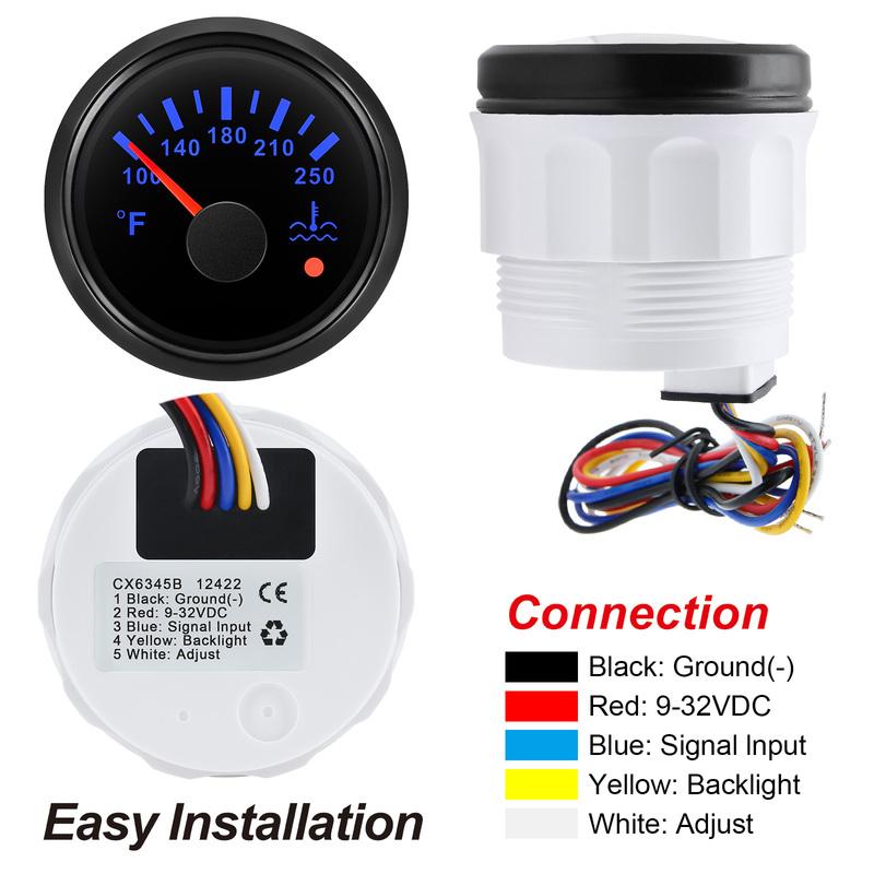 100~250℉ Vattentemperaturmätare Indikator Blinkande Larm 7 Färg LED 2" 52mm Vattentemperaturmätare med Sensor för Bil Båt