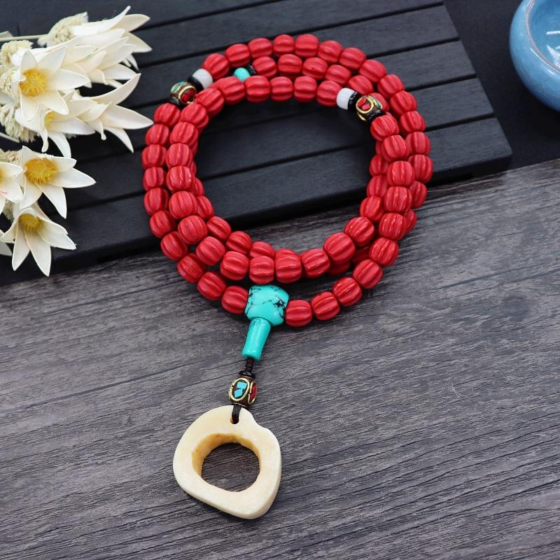 Retro Fashion Ethnic Style Camel Bone Cinnabar Pendant Personalized Necklace Couple Long Simple Sweater Chain with Accessories