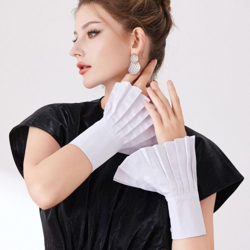 Elegant Flared Pleated Decorative Sleeves Cotton Arm Covers Wrist Cuffs Sleeves For Office Women Daily Wear All Matching