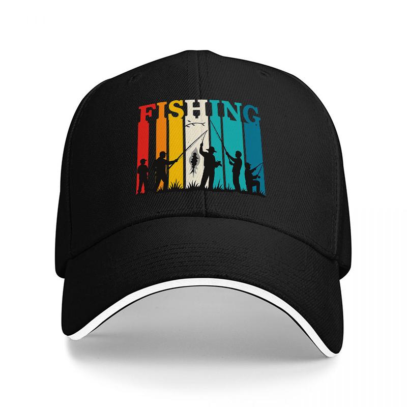 FISHING RETRO SILHOUETTE BASEBALL CAP COLORFUL STRIPES DESIGN Unisex OUTDOOR HAT FISHING ENTHUSIASTS STYLE CLASSIC FIT