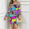 Women Plus Size Cold Shoulder Long Sleeve Pink White Teal Camo Print Irregular Wrap Bodycon Midi Dress
