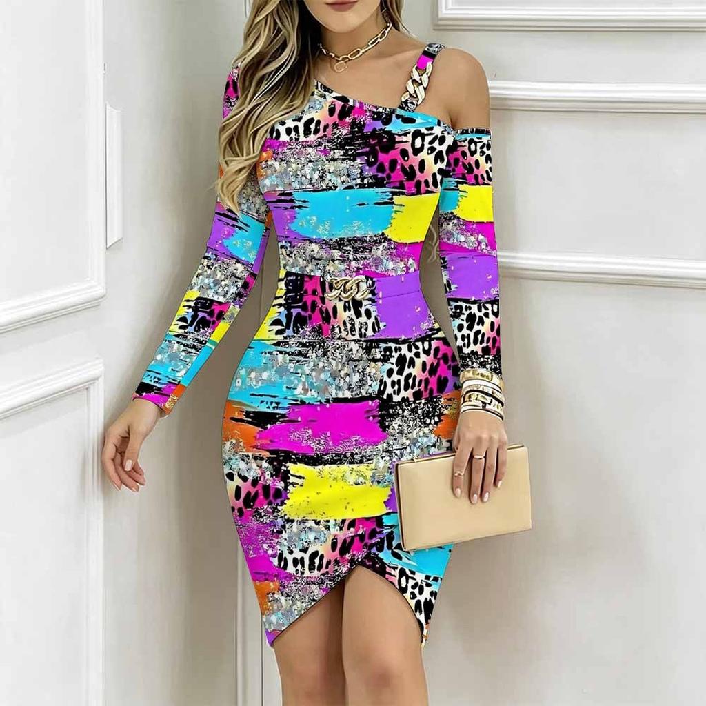 Women Plus Size Cold Shoulder Long Sleeve Pink White Teal Camo Print Irregular Wrap Bodycon Midi Dress