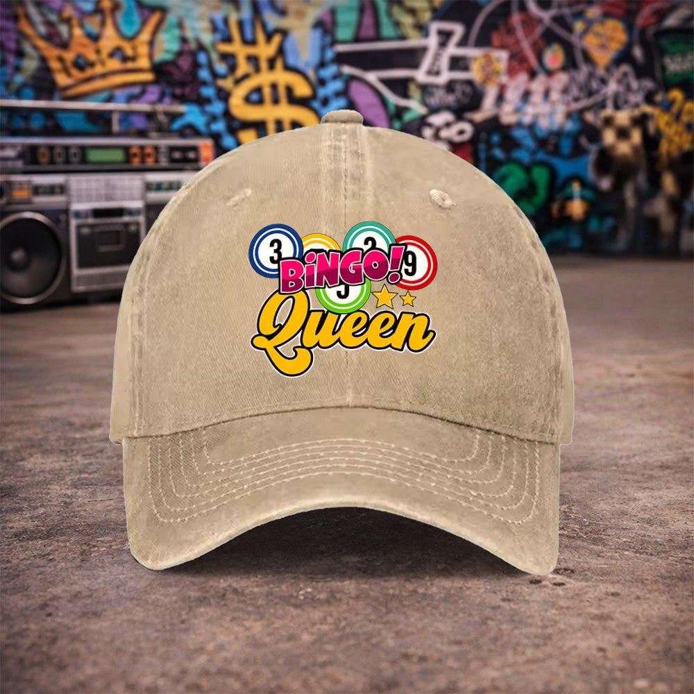 Unisex Bingo Queen Vintage Washed Baseball Cap Trendy Duckbill Hat for Unisex Women Fun Print Birthday Gift Multiple Colors