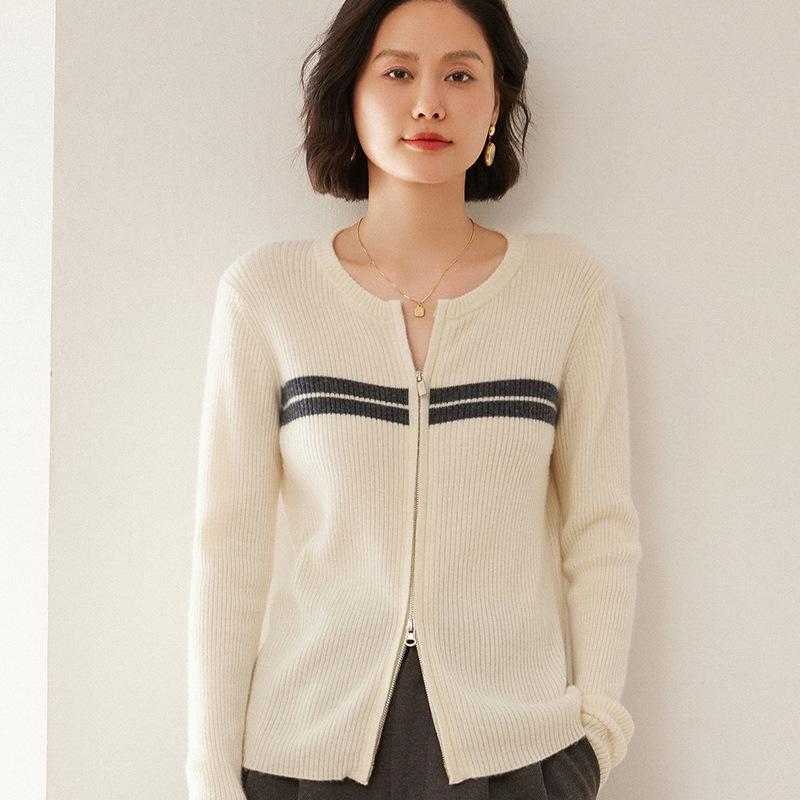 Color-Block Patchwork Cashmere Cardigan - Women's Autumn/Winter 2025 Ribbed Long Sleeve Knit Top