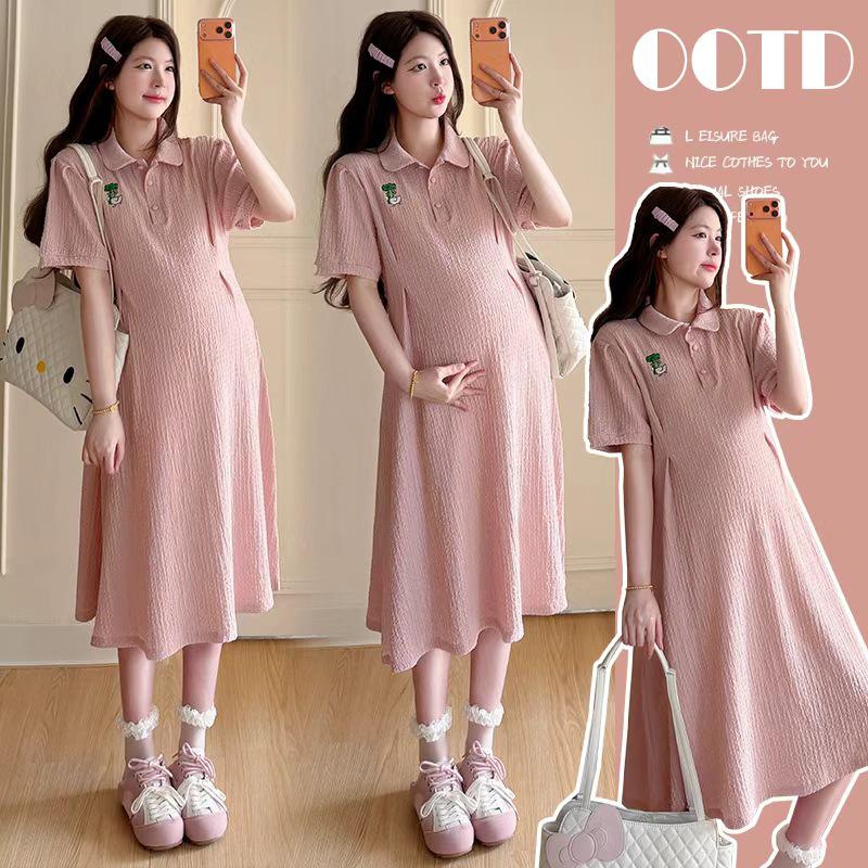 2026 Summer Maternity Sweet Doll Collar Loose Dress, Korean Style, Belly Concealing Fashion Skirt 2XL