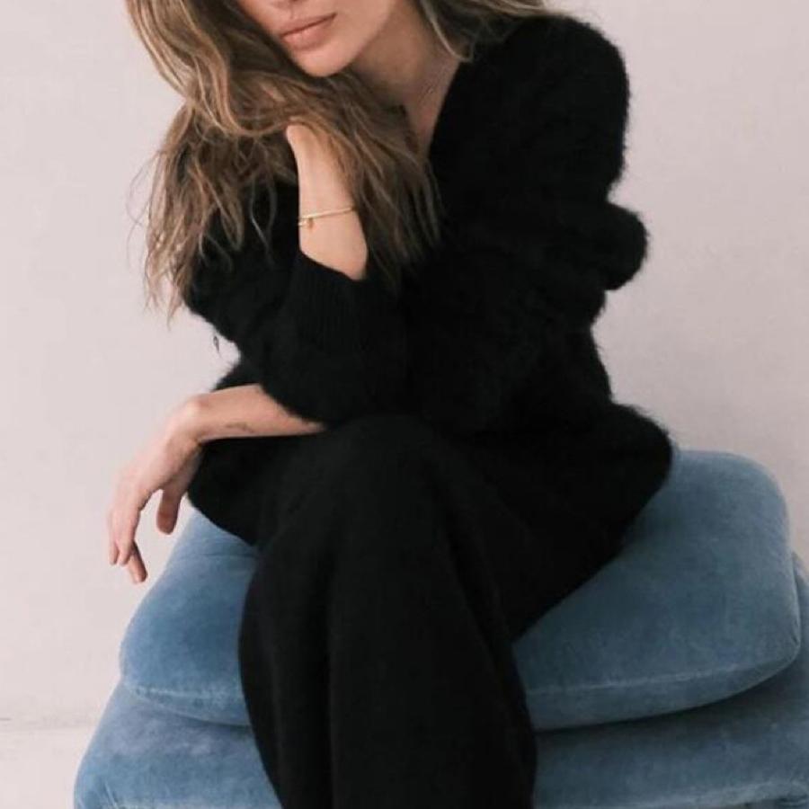 

Женский вязаный свитер с V-образным вырезом из искусственного меха, осенне-зимнее свободное однотонное пальто L чёрный