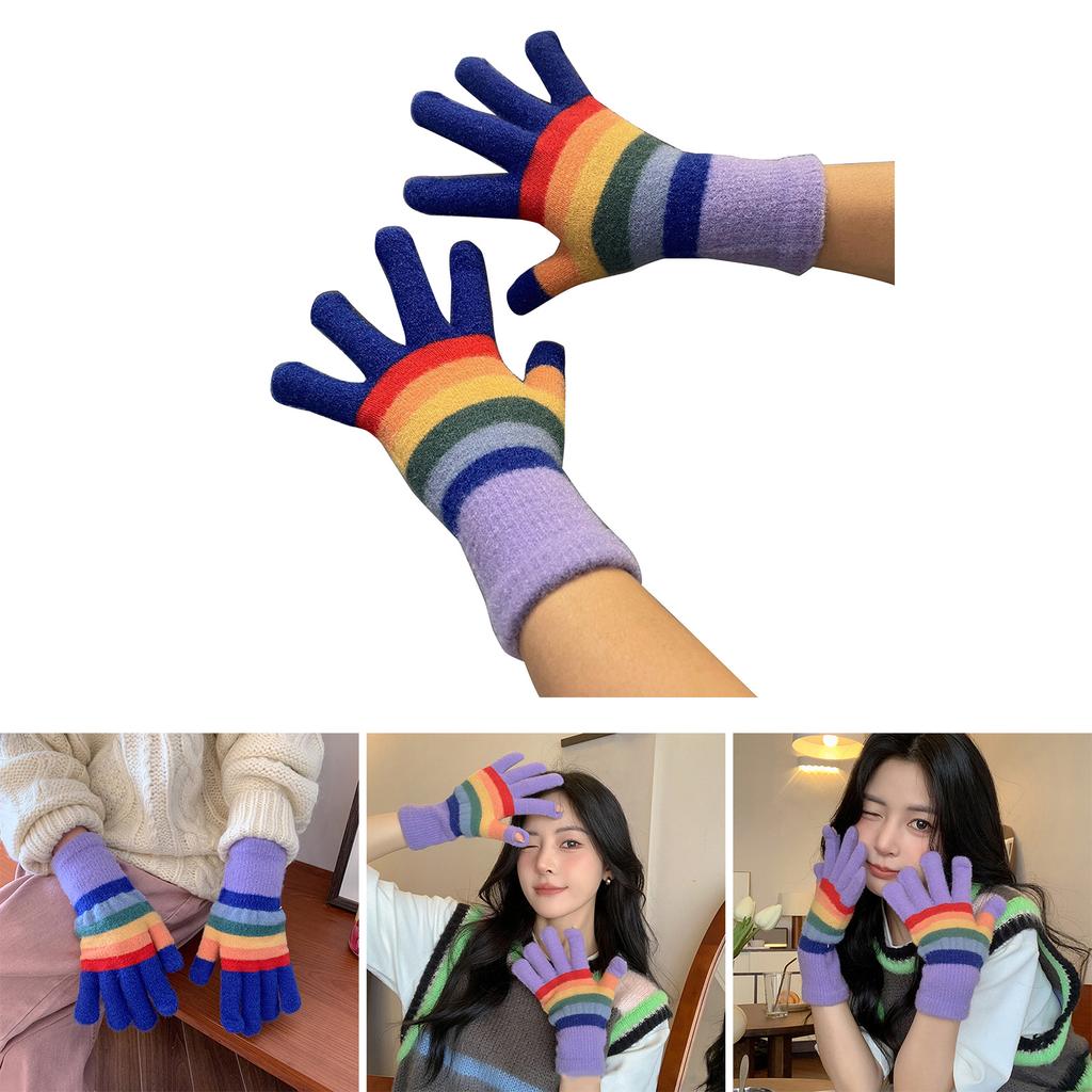 Girls 2 Finger Exposed Gloves Full Finger Warm Mittens with Striped Pattern Knitted Mittens for Women Winter Supplies