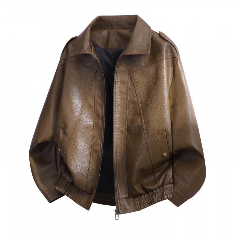 Mens Retro PU Leather Jacket Casual Motorcycle Style Outerwear With Notched Collar Side Pockets