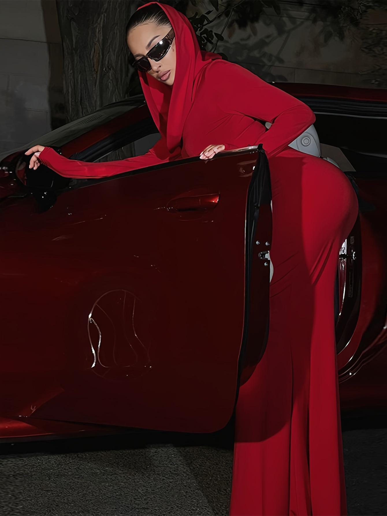

European & American Women s New Arrival Slim Fit Hooded Maxi Dress - Solid Color Mermaid Long Skirt Small вино красного