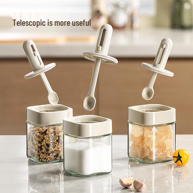Retractable Glass Spice Jar with Spoon Lid: Sealed Kitchen Seasoning Container for Oil and Salt