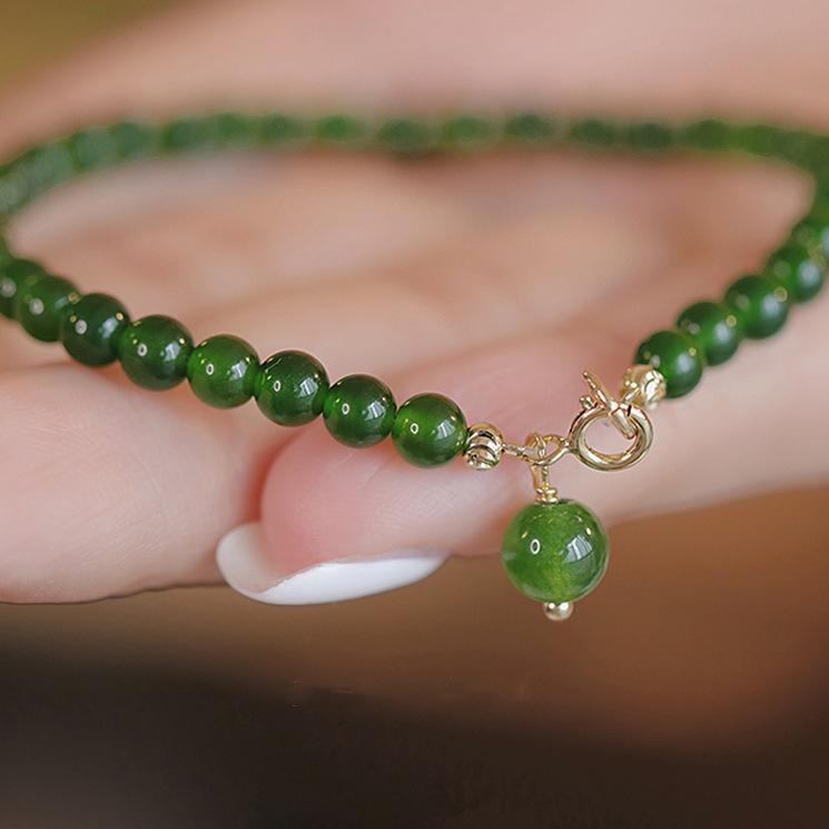 14K Real Gold Plated Copper Green Chalcedony Agate Natural Stone Beaded Bracelet For Women