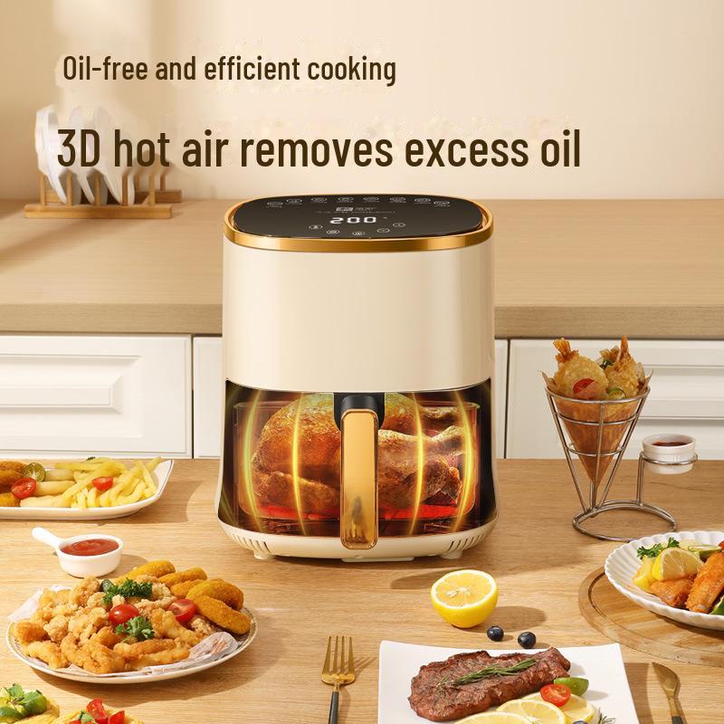 Camel 6L Air Fryer: Large Capacity Electric Oven In Rice White for Baking and Frying. Ideal Gift with Visual Display.