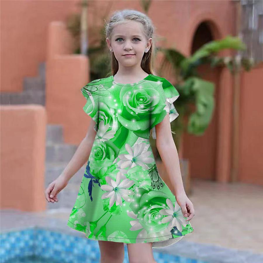Girls Pink Rose Print Dresses Kids Girl Party Dress Loose Fitting Loose Fitting Short Sleeved Skirt For Girls Over Four Years Old
