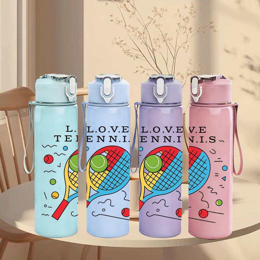 1PC Love Tennis Racket Pattern 750ml Color Plastic Sports Water Bottle Leakproof Flip Straw Lid Suitable for Sports Office Home Use