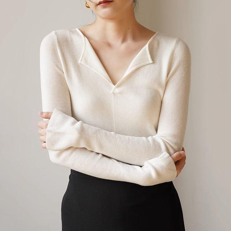 Herbst und Winter, weißer V-Ausschnitt, gestrickter Basispullover für Damen, Innenschicht-Basispullover, einzigartiges und schickes Oberteil