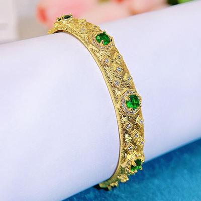 CMM Italian Handmade Wire Drawing Yellow Golden Pave Round Green White CZ Open Cuff Adjustable Vintage Women Engagement Bangle Jewelry