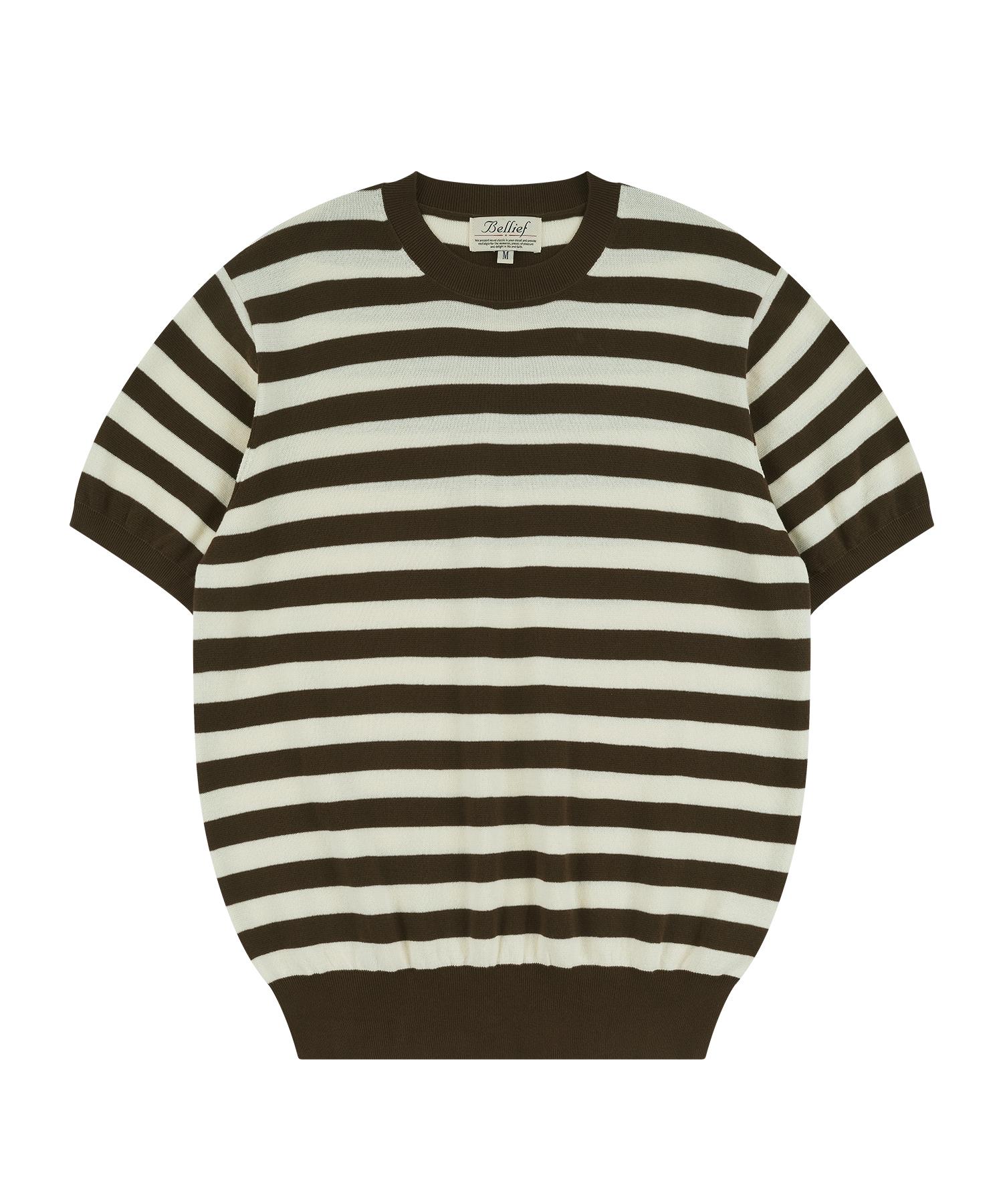 Belief Essential Comfort Short Sleeve Round Knit (Brown/Ivory) Ivory/M