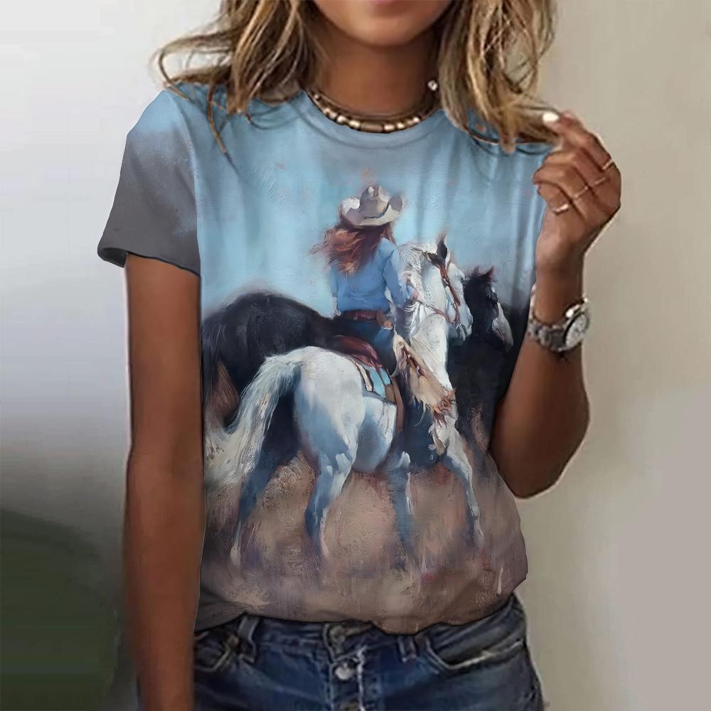 Retro Western Women's Short Sleeved T-shirt Top Loose Cowboy 3D Printed T-shirt