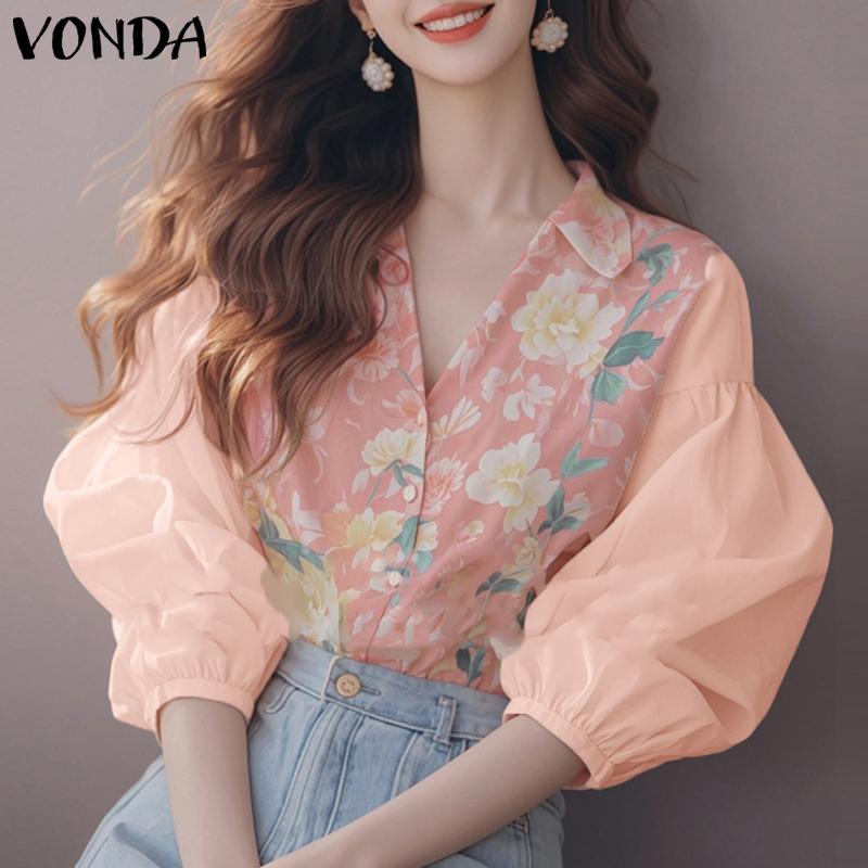 VONDA Summer Women Lapel Neck Floral Print Patchwork Button Down Casual Blouse