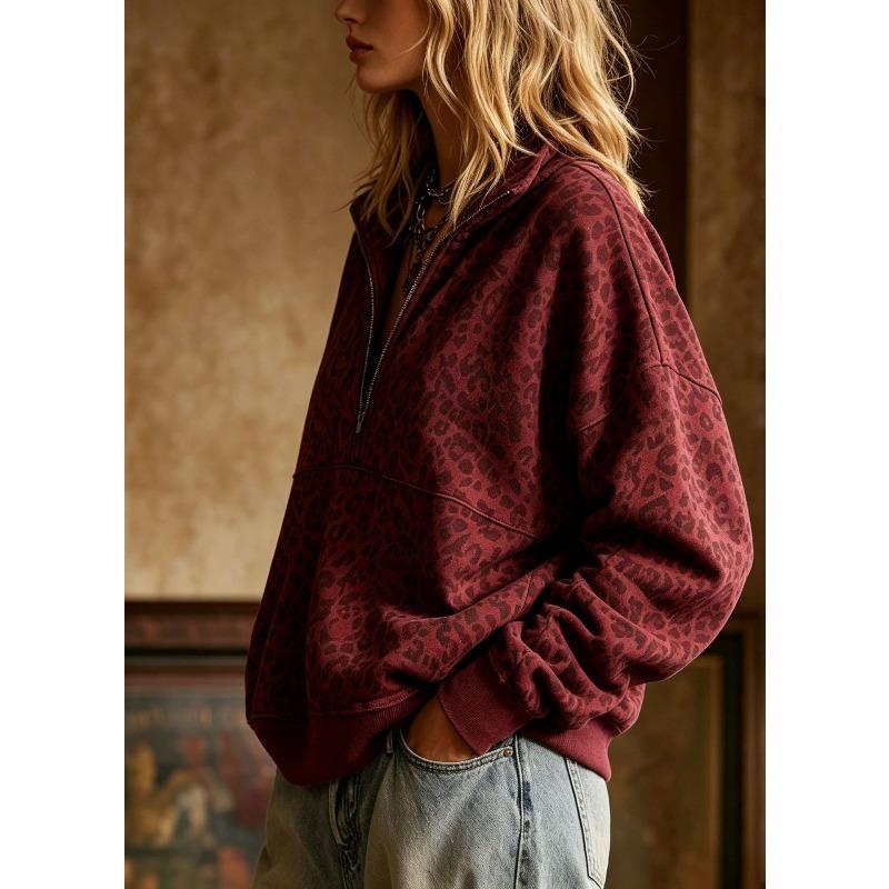 TIFICY Women's Fashion Casual Leopard Print Spring Fall Long Sleeve POLO Neck Pullovers & Long Sleeves