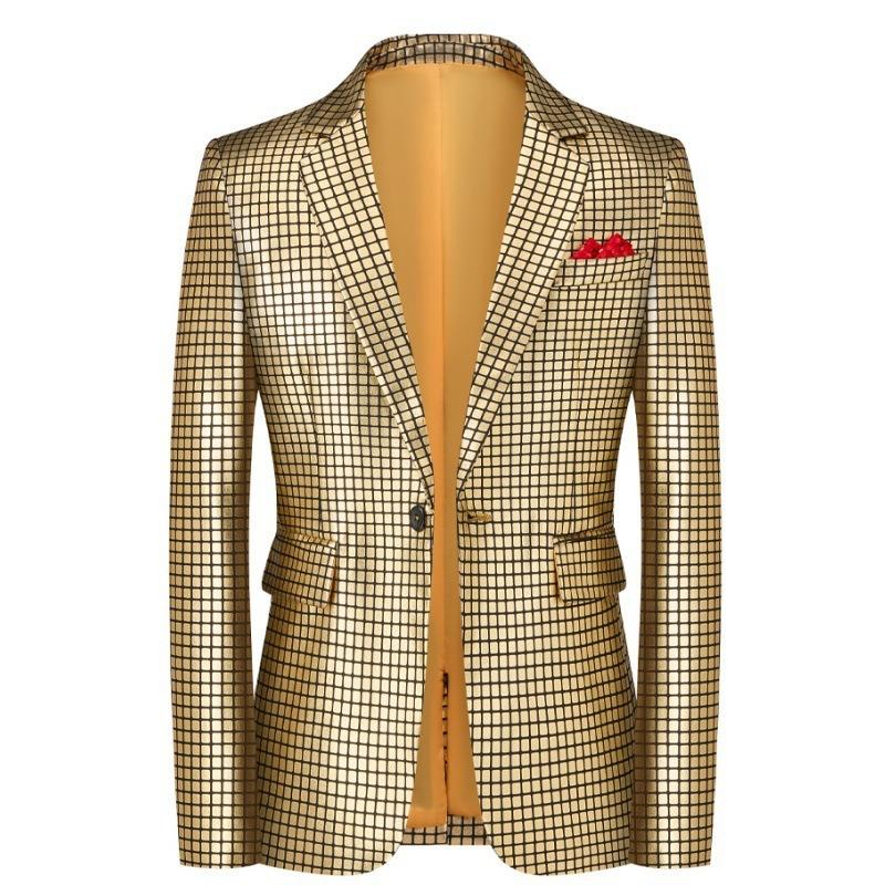 

Spring Men s Gold Checkered Blazer Shiny Formal Party Suit Jacket S золотой