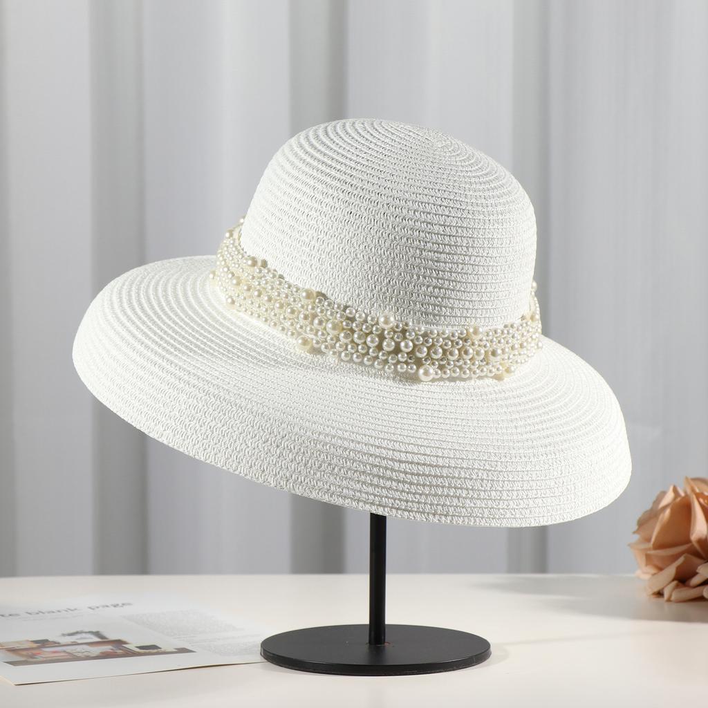 2025 New Summer Straw Hat Top For Women Fashion Pearl Hepburn Sun Hat Wide Brim Sun Protection Cap Vacation Beach Hat