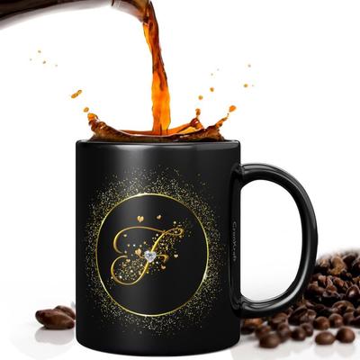 Taza de cerámica con marco dorado y letra F impresa, 330 ml + llavero, regalo para amor, cumpleaños, esposa, esposo