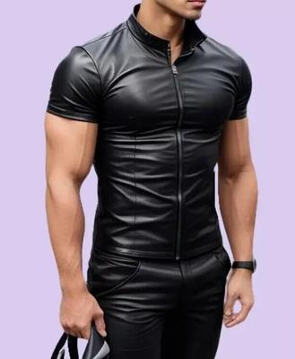 Męski T-shirt Stylowa Skóra Jagnięca Czarny Odzież Klubowa na Imprezę Moda Biker Handmade
