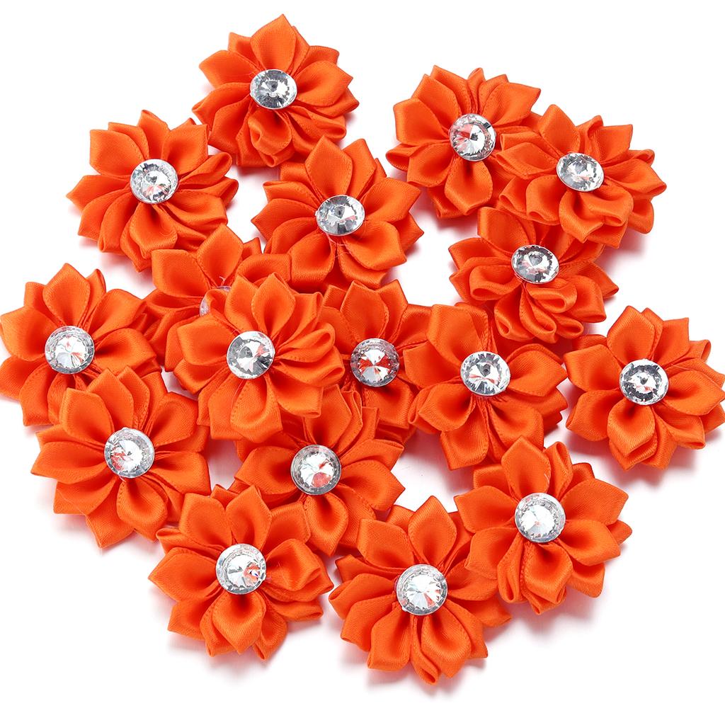 20pcs 4cm Mini Satin Ribbon Flowers Colorful Rhinestone Handmade Flowers For DIY Clothing Sewing Headwear Decoration Accessories