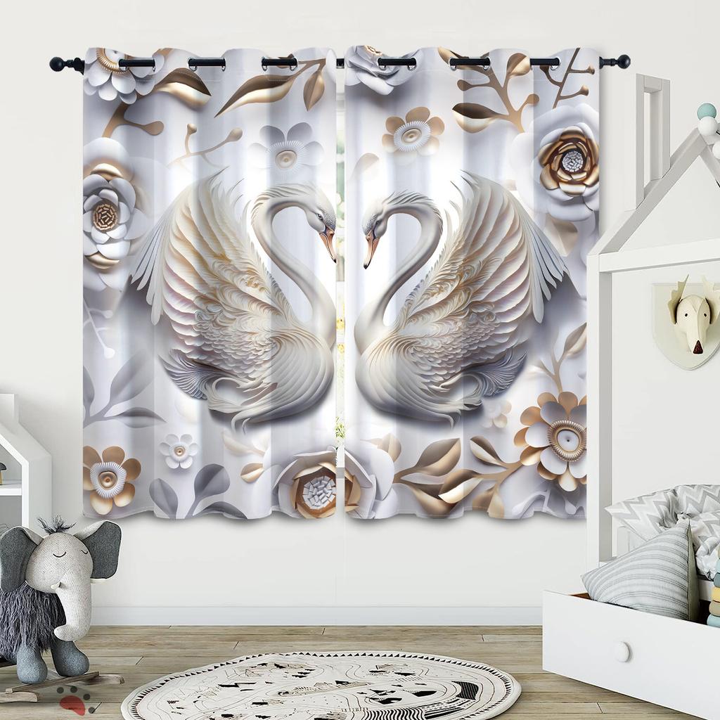 2pcs White Swan Print Blackout Curtains Thermal Insulation Multiple Sizesr Living Room Bedroom Decoration Machine Washable