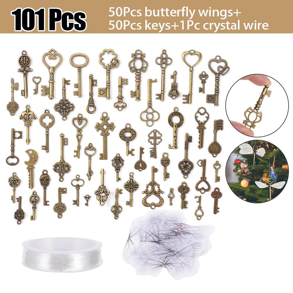 

101PCS Mix Vintage Old Look Keys Vintage Pendant Butterfly Wings Dragonfly Wings Key Decorations Diy Necklace Jewelry Alloy Keys