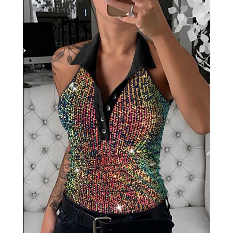Night Club Style Sexy Europe and America Cross Border Summer New Arrival Leopard Print Color Sequin Lapel Sleeveless Vest Tops Bottoming Shirt