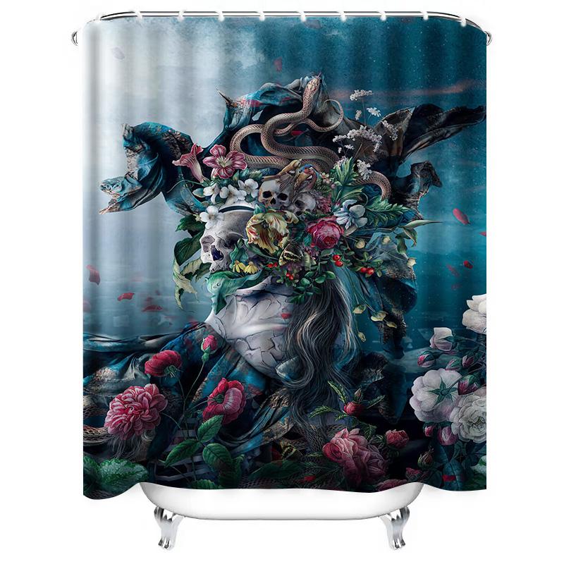 Dunkel Fantasy Duschvorhang Gotische Blumen Totenköpfe Schlangenprint für Badezimmerdekorationen in Blau Rot Weiß Farbkombination Größe 180x240cm