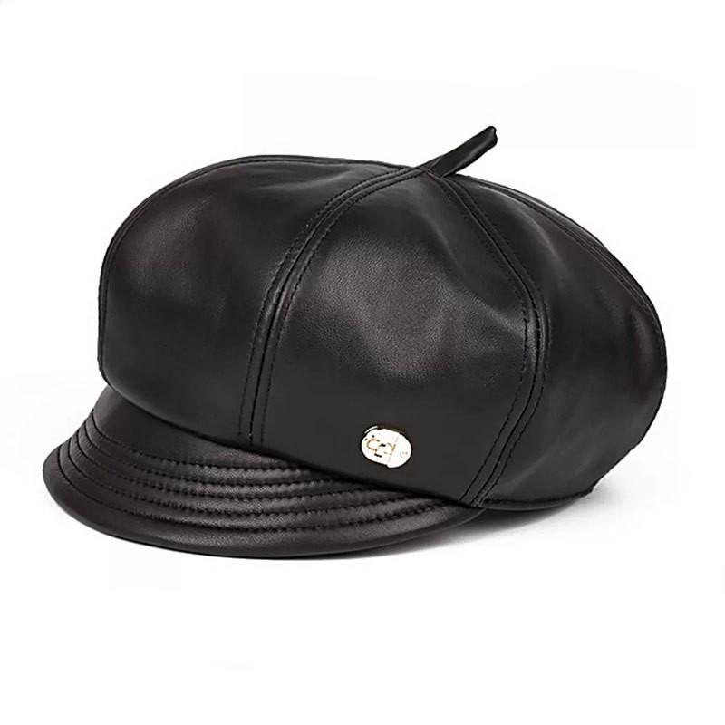 Womens Genuine Leather Beret Hat With Short Brim Foldable Adjustable Cap Winter Light Luxury Style