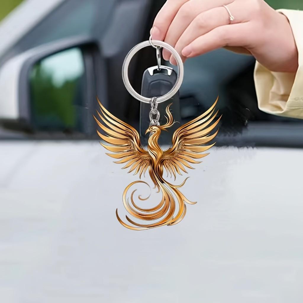 Artistic Golden Acrylic Phoenix Car Decoration Vintage Keychain Pendant Accessory For Cars