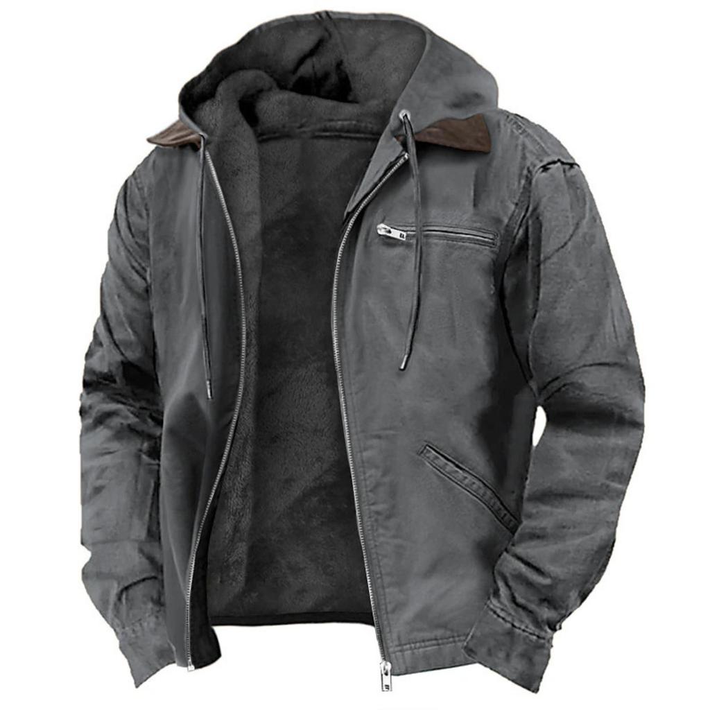 Solid Color Hooded Cotton Jacket for Casual Men's Wear with Velvet Zipper Pocket Jacket