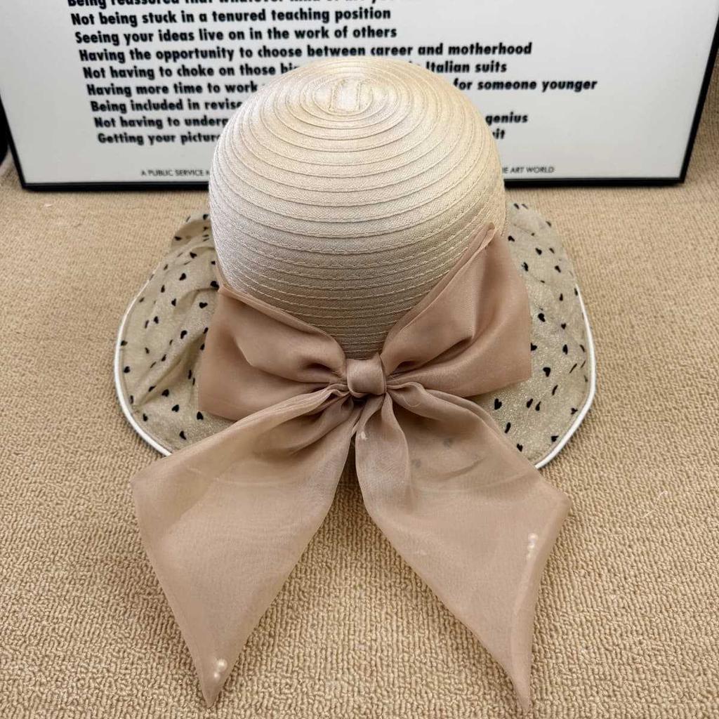 Love organza bow bucket hat women's summer big eaves sunscreen hat cover face UV protection straw hat show small face