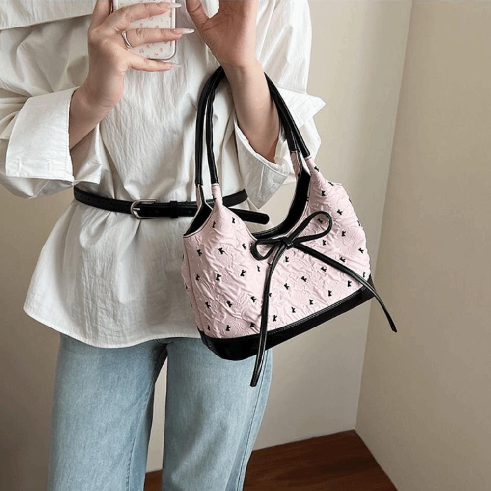 Sweet Bow Handbag Contrast Color Simple Versatile Shoulder Bag Korean Style Luxury Design Women Underarm Bag Commuting Tote Bag