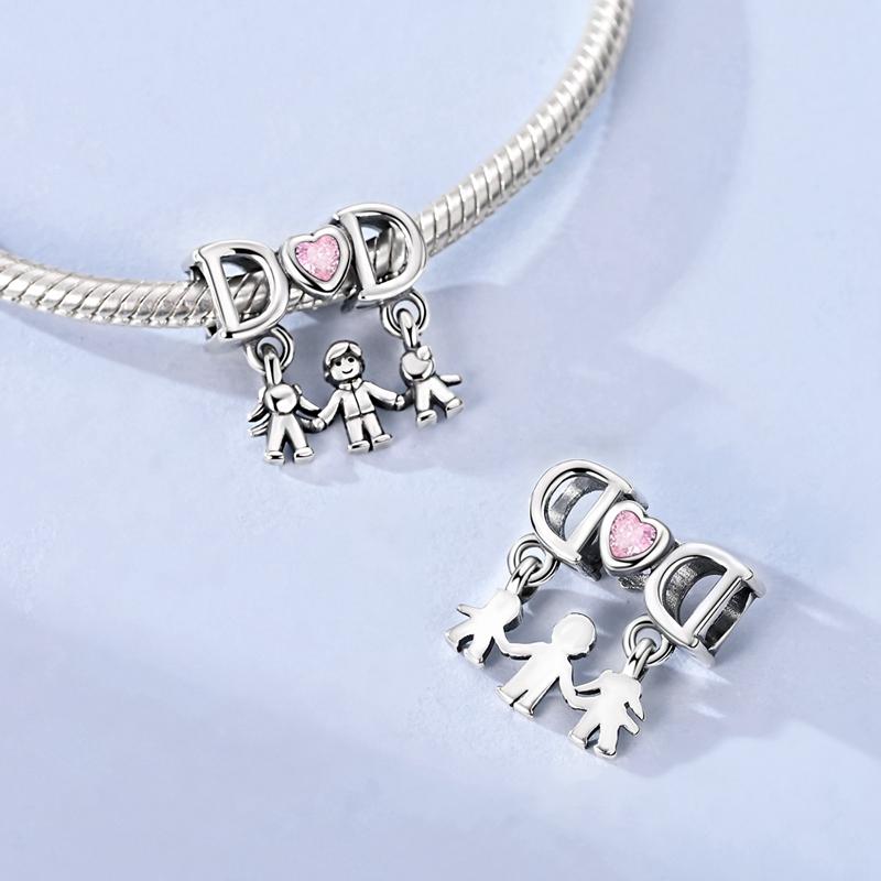 925 Silver Charms Bead CZ Zircon Love Mom Pink Heart Dangle Fit DIY Bracelet Women Mother's Day Jewelry Gift