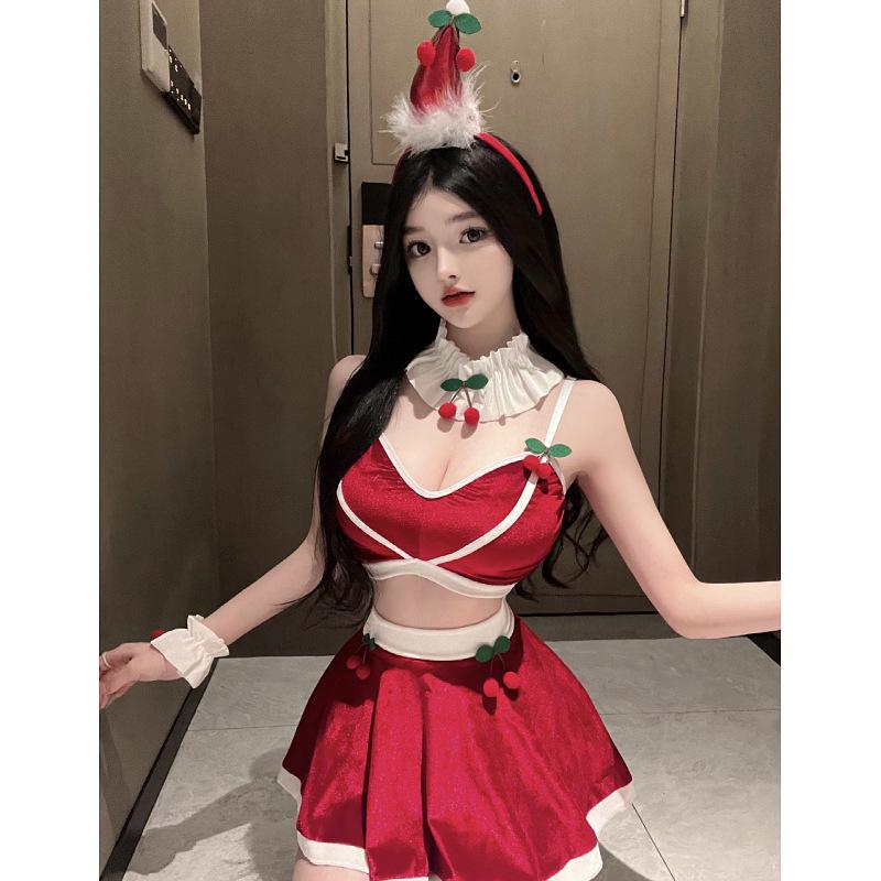 Sexy Christmas Cherry Lingerie Set: Deep V Top & Hip-Hugging Skirt