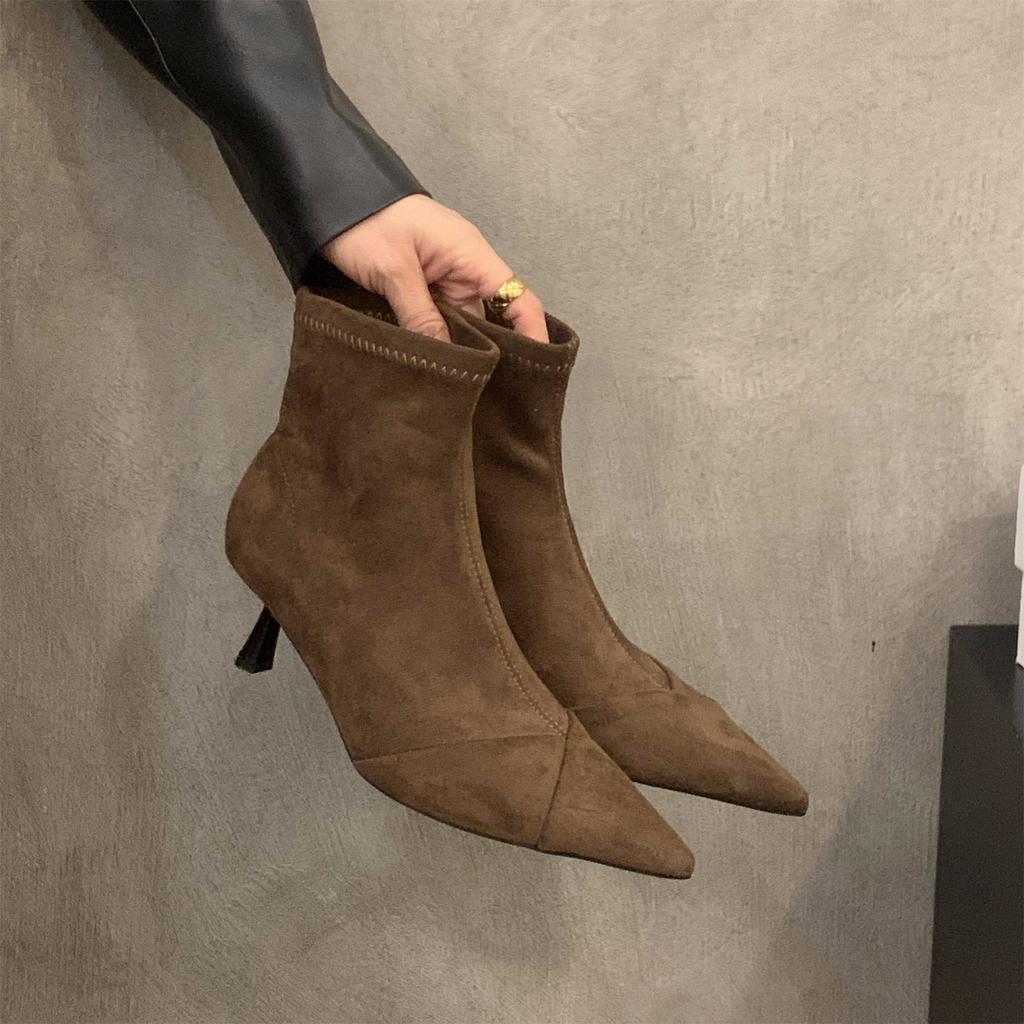 High Heel Thin Heel Pointed Suede Thin Boots Short Boots Women's Shoes 2025 New Autumn and Winter Brown French Small Ankle Boots