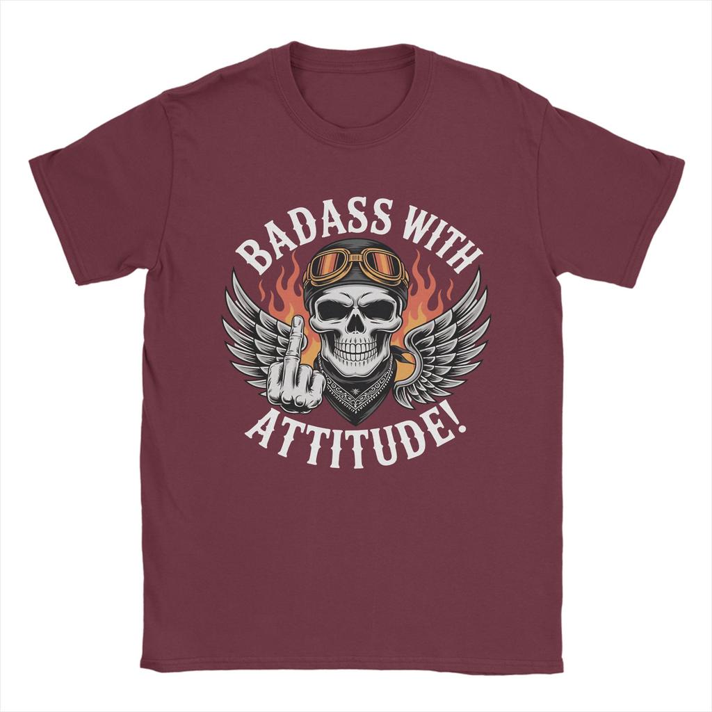 Unisexs Badass With Attitude Rebel Skeleton Biker T Shirts Cotton Tops Funny Short Sleeve Crew Neck Tee Shirt TShirts
