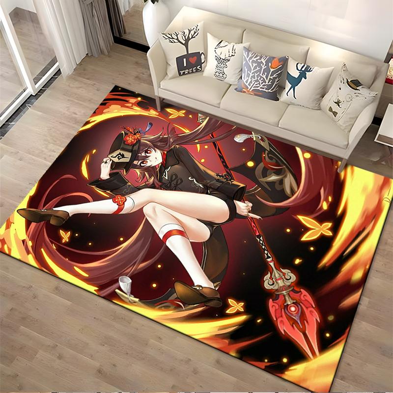 Anime mergaitė su raudona ietimi, apsupta ugnies ir drugelių, kilimas, tinkamas naudoti kaip neslystantis kilimėlis svetainės, miegamojo sofoms