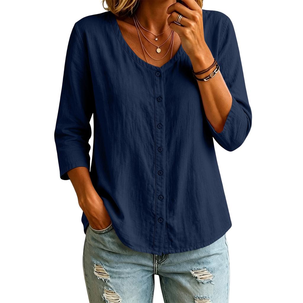 Camicia da donna a maniche lunghe in cotone con scollo a U e bottoni