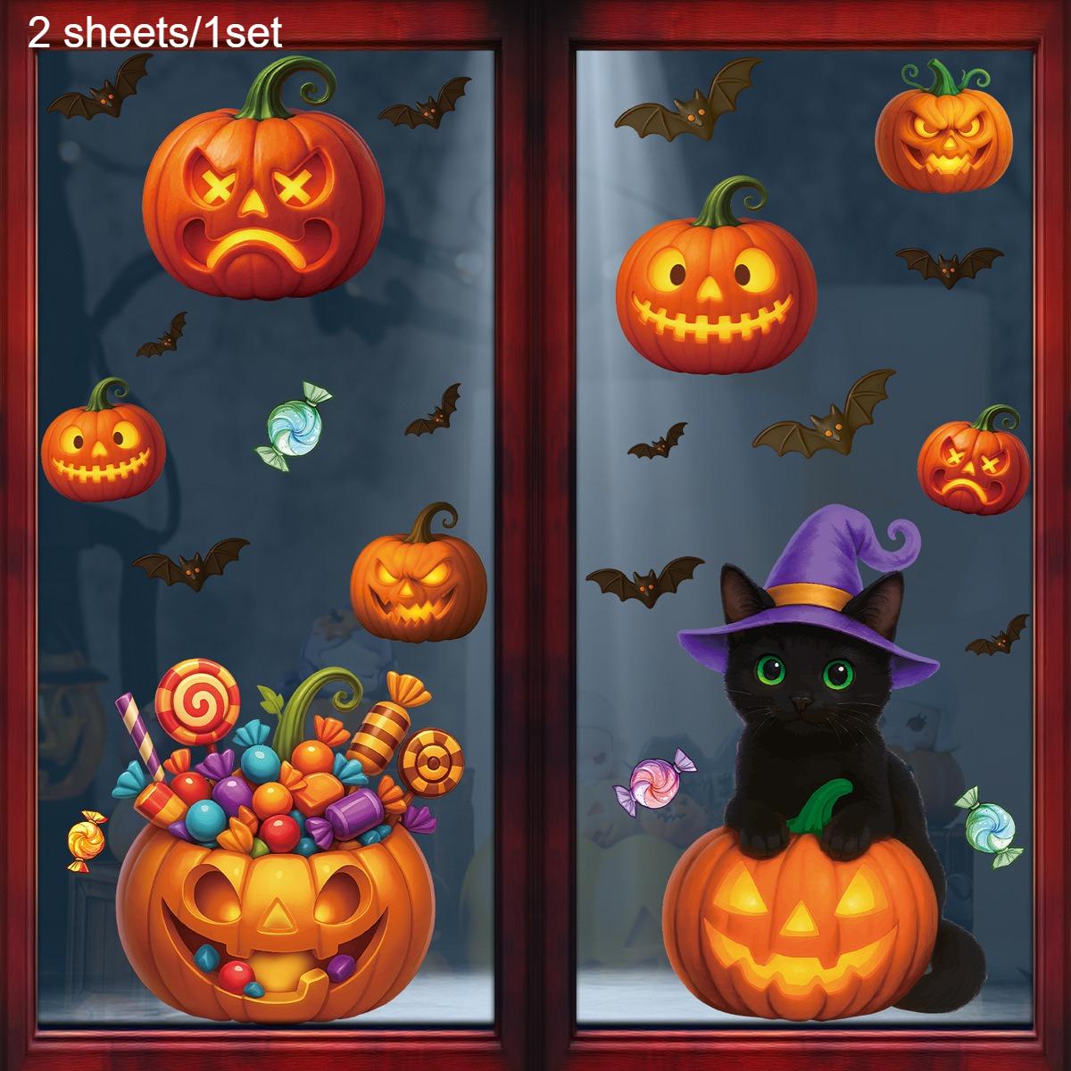 

Halloween pumpkin glass stickers, exquisite holiday party decoration arrangement candy pumpkin lantern black cat window stickers