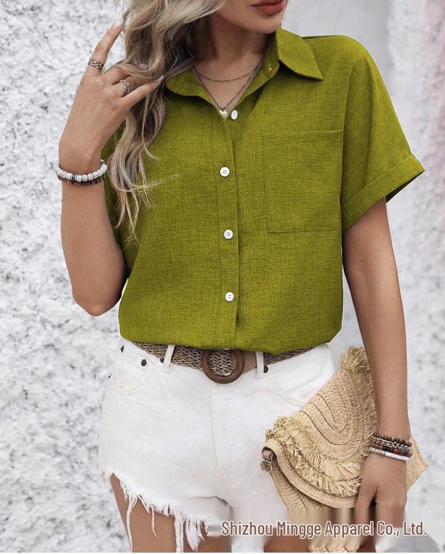 Women's Casual Pure Cotton Lapel Short Sleeve Shirt with Pocket