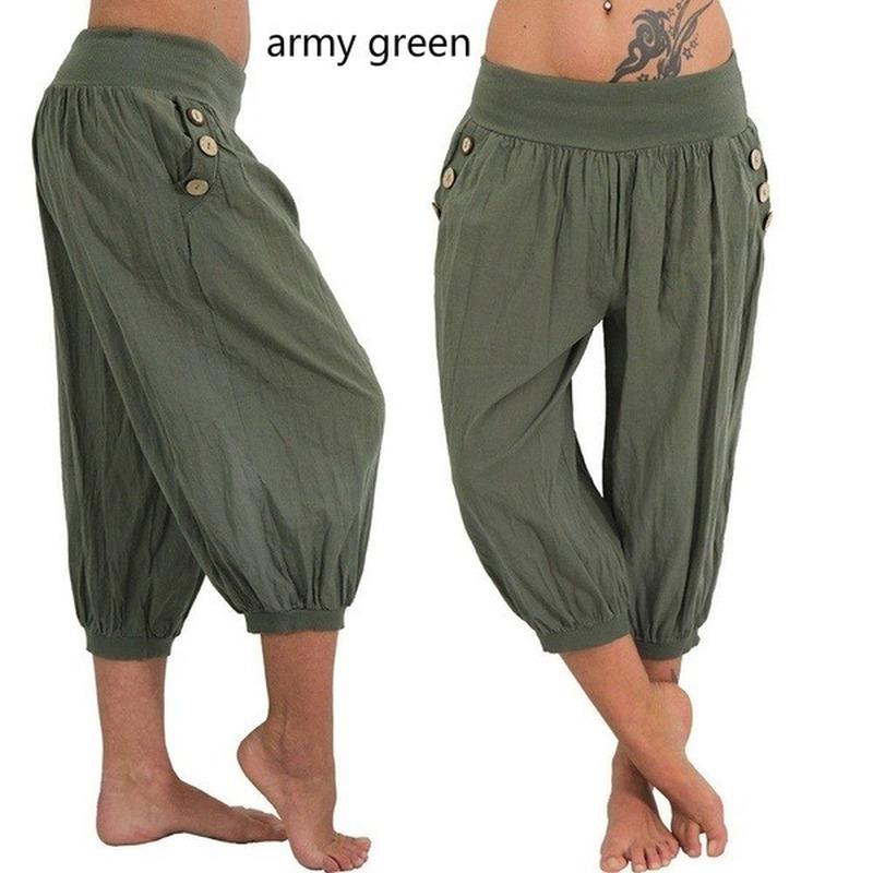 Women Summer Cotton Pants Solid Color Casual Elastic Waist Loose Harem Pants