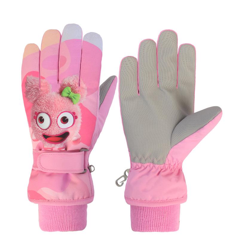 Yirenxing Kids' Winter Ski Gloves: Warm, Thickened, Waterproof, Cute Cartoon Design, Five-Finger Style for Boys and Girls.