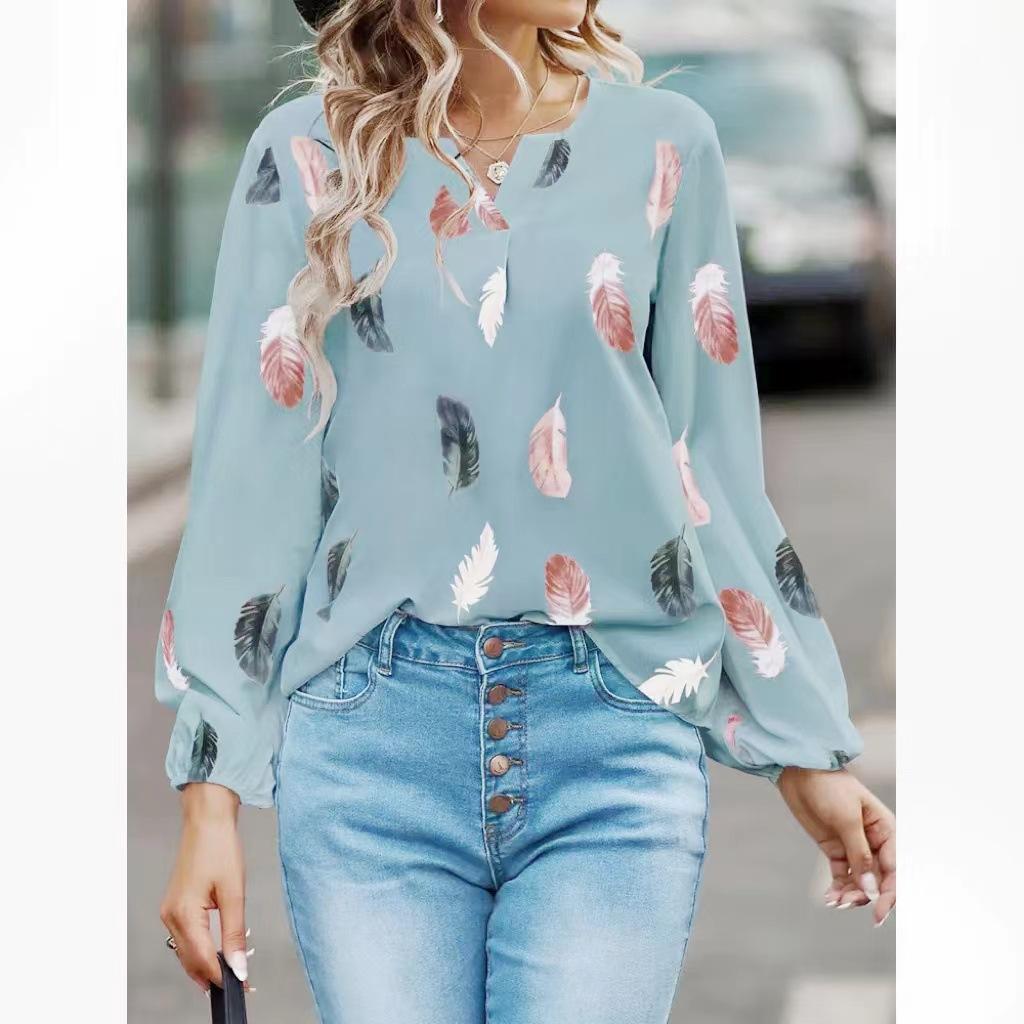 2026 Spring New V-neck Feather Print Long Sleeve Loose T-shirt for Women