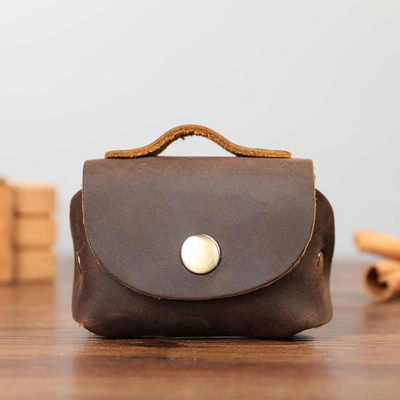 Crazy Horse Leather Zero Wallet Genuine Key Bag High Grade Male Retro Handmade Earphone Compact Storage Coin
